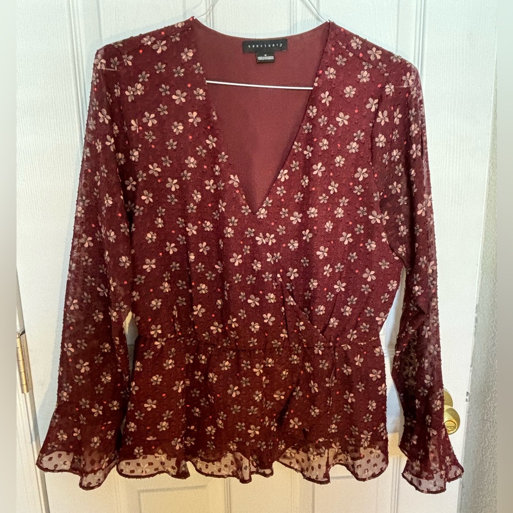 Sanctuary Women’s Medium Maroon and White Floral Faux Wrap Long Sleeve Top